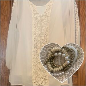 ROZ & ALI Size XL Cream Sheer Blouse w/Tank +Complimentary Coodinating Jewelry